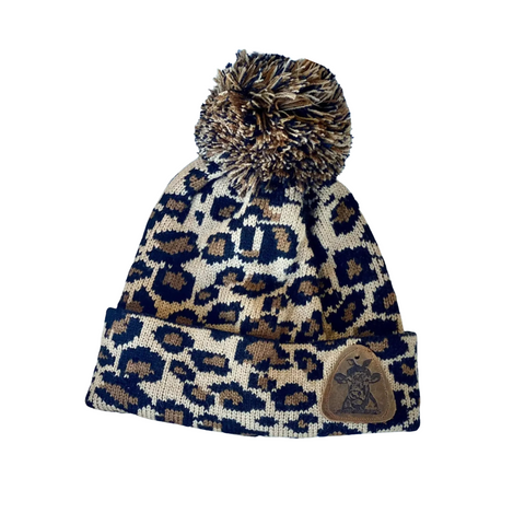 Leopard Pom Beanies W/ Leather Patch